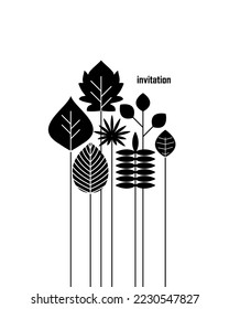 Tarjeta de invitación con hojas negras. Ilustración vectorial. 