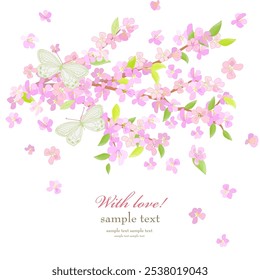 Tarjeta de invitación con ramas florecientes de cerezo. Flores de primavera rosa con un par de mariposas blancas