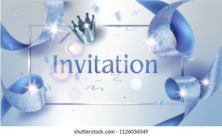 Invitation card with blue crown frame, confetti and ribbons. Vector illustration