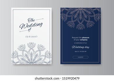 Invitation card, blue decorative wedding invitation mandala art poster vector template for brochure leaflet flyer advert cover catalog magazine and annual report. Simple and elegant ethnic line style