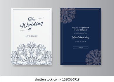 Invitation card, blue decorative wedding invitation mandala art poster vector template for brochure leaflet flyer advert cover catalog magazine and annual report. Simple and elegant ethnic line style