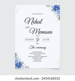 Invitation Card with Blue Floral Template. Illustrator and designer. Wedding Invites, save the date, Birthday Invites, Video Invites, E-Cards.