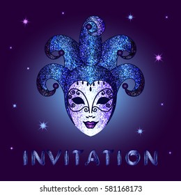 Invitation card with blue glittery calligraphic inscription. Concept design glittery blue mask with shining stars on a square dark blue background - vector illustration.

