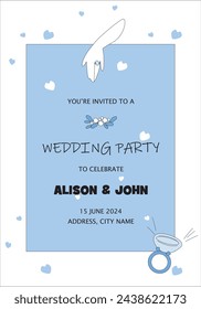 Invitation card, with blue and white hearts, diamond engagement ring, text.