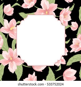 Invitation card border frame template. Hellebore christmas winter rose flowers background. Pink, green, black, white. Placeholder for text. Vector design element.