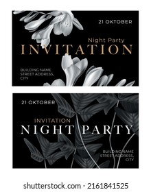 Tarjeta de invitación de estilo botánico. Plantas monocromas sobre fondo negro. Plantilla de diseño para la invitación, tienda, salón de belleza, spa. 