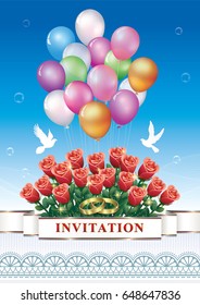Invitation card with a bouquet of roses and balloons for the wedding day. Vector illustration.