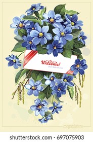 Invitation card with bouquet of several flowers of hepatica. Congratulation design for wedding. Vintage greeting background with watercolor spring flowers. Floral template