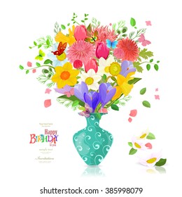 Invitation card with bouquet of spring flowers in a pottery vase. Congratulations with Happy birthday.