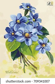 Invitation card with bouquet of spring flowers, can be used as congratulation design for wedding. Vintage greeting background with watercolor blue flowers. Floral template