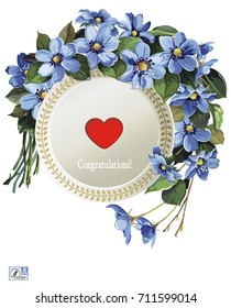 Invitation card with bouquet of spring flowers, can be used as congratulation design for wedding. Vintage greeting background with watercolor blue flowers. Floral template
