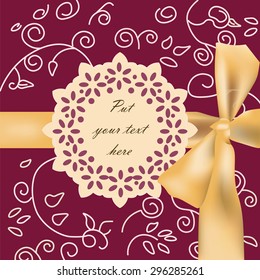 Invitation card with bow and ornaments in red Marsala color. Vector