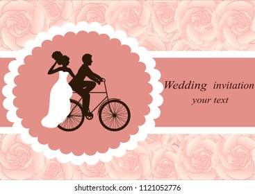 Invitation card with the bride and groom on a floral background. Bride and groom. Wedding invitation. Vector illustration.
