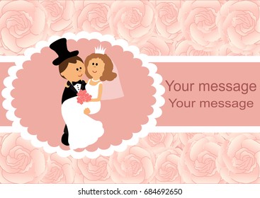 Invitation card with the bride and groom on a floral background. Bride and groom. Wedding invitation. Vector illustration.