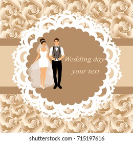 Invitation card with the bride and groom in vintage style on a floral background. Bride and groom. Wedding invitation. Vector illustration.