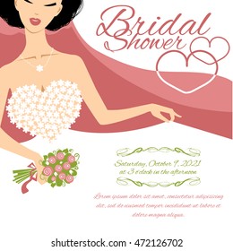 Invitation card with bride holding flowers and place for text, vector image