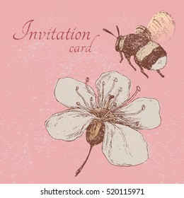 Invitation card with bumblebee and cherry flower on a pink background
