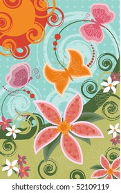 Invitation card with butterflies and flowers