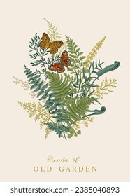 Invitation card with butterflies and green bouquet. Vintage floral background. Lush greenery. Vector botanical illustration.