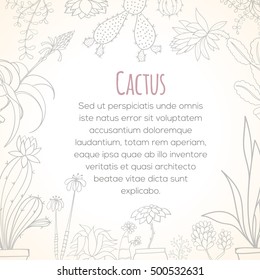 Invitation card of cactus in pots isolated on light background. Hand drawn vector decorative elements can be used for holiday cards, invitation, postcard, flyer, banner or website. Floral design.