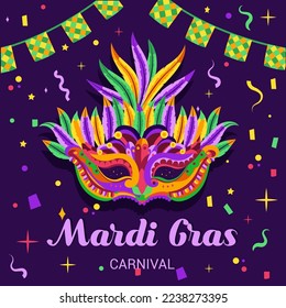 Einladungskarte für eine Karnevalsparty Mardi gras. Traditionelle Maske mit Federn, Maracas, Feuerwerk, tropische Blätter für den Karneval, Mardi Gras, Festival, Masquerade, Parade...