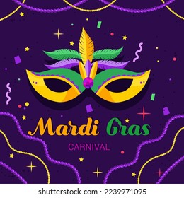 Einladungskarte für eine Karnevalsparty Mardi gras. Traditionelle Maske mit Federn, Maracas, Feuerwerk, tropische Blätter für den Karneval, Mardi Gras, Festival, Masquerade, Parade..Vorlage für das Design von i