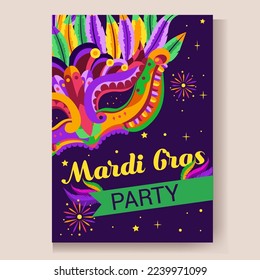 Einladungskarte für eine Karnevalsparty Mardi gras. Traditionelle Maske mit Federn, Maracas, Feuerwerk, tropische Blätter für den Karneval, Mardi Gras, Festival, Masquerade, Parade