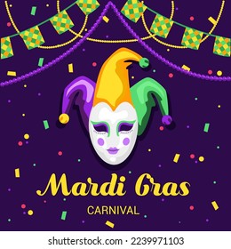 Einladungskarte für eine Karnevalsparty Mardi gras. Traditionelle Maske mit Federn, Maracas, Feuerwerk, tropische Blätter für den Karneval, Mardi Gras, Festival, Masquerade, Parade..Vorlage für das Design von i