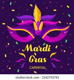 Einladungskarte für eine Karnevalsparty Mardi gras. Traditionelle Maske mit Federn, Maracas, Feuerwerk, tropische Blätter für den Karneval, Mardi Gras, Festival, Masquerade, Parade. 