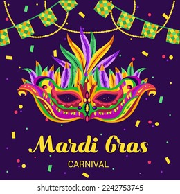 Einladungskarte für eine Karnevalsparty Mardi gras. Traditionelle Maske mit Federn, Maracas, Feuerwerk, tropische Blätter für den Karneval, Mardi Gras, Festival, Masquerade, Parade. 