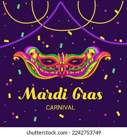 Einladungskarte für eine Karnevalsparty Mardi gras. Traditionelle Maske mit Federn, Maracas, Feuerwerk, tropische Blätter für den Karneval, Mardi Gras, Festival, Masquerade, Parade. 