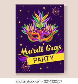 Einladungskarte für eine Karnevalsparty Mardi gras. Traditionelle Maske mit Federn, Maracas, Feuerwerk, tropische Blätter für den Karneval, Mardi Gras, Festival, Masquerade, Parade