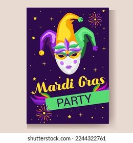 Einladungskarte für eine Karnevalsparty Mardi gras. Traditionelle Maske mit Federn, Maracas, Feuerwerk, tropische Blätter für den Karneval, Mardi Gras, Festival, Masquerade, Parade