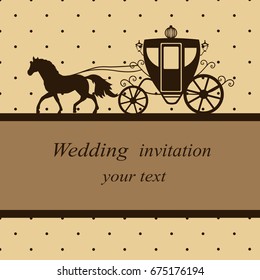 Invitation card with carriage and horse in vintage style. Wedding invitation. Vector illustration.