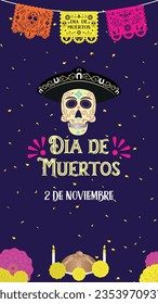 Tarjeta de invitación para celebrar y recordar el Día de los Muertos. Honrar a los difuntos con decoraciones culturales tradicionales mexicanas.