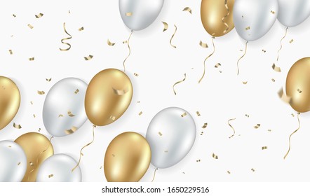 Invitation, card, celebrate template. White and golden balloons and sparkles and glitter confetti on gray background. Festive realistic style. Vector illustration.