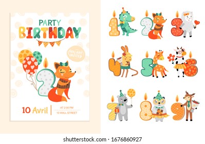 Invitation card for a child party. Happy birthday template with additions elements. Vector illustration.