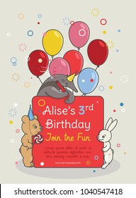 Invitation card for children s birthday party. 3 animals ant eater, bear and hare. Template