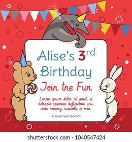 Invitation card for children s birthday party. 3 animals ant eater, bear and hare. Template