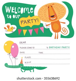 Tarjeta de invitación para niños. Ilustración vectorial en diseño infantil con animales lindos sobre un fondo verde.