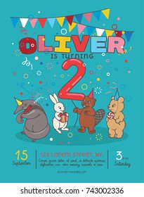 Invitation card for children's birthday party. 4 animals: anteater, beaver, bear and hare. Template.