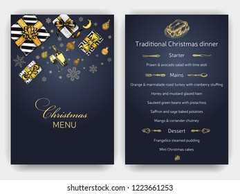 Invitation card for a Christmas party. Design template with xmas hand-drawn graphic illustrations. Menu card restaurant New Year and Christmas holidays.