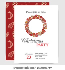 Invitation card for a Christmas party. Design template with xmas hand-drawn graphic illustrations. Greeting card with the New Year and Christmas holidays.