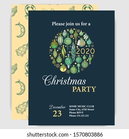 Invitation card for a Christmas party. Design template with xmas hand-drawn graphic illustrations. Greeting card with the New Year and Christmas holidays.