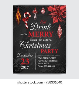 Invitation card for a Christmas party. Design template with xmas hand-drawn graphic illustrations. Greeting card with the New Year and Christmas holidays.