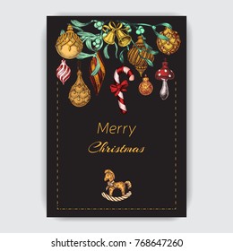 Invitation card for a Christmas party. Design template with xmas hand-drawn graphic illustrations. Greeting card with the New Year and Christmas holidays.