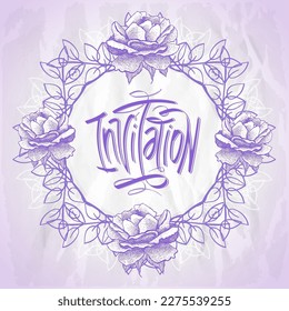 Invitation card with classical floral frame with roses, hand drawn vector illustration