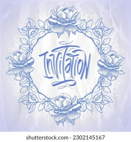 Tarjeta de invitación con marco y rosas florales clásicas, ilustración de postal vectorial artesanal