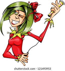 Invitation card with the clown girl and firecrackers. Vector illustration.