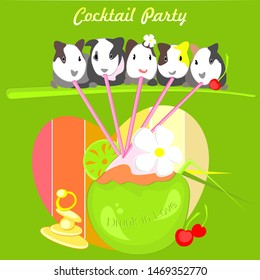 Invitation card to the cocktail party. Five cute guinea pigs drink a coconut cocktail with a straw. Green background with engagement ring.